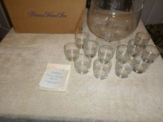 Vintage Princess House 69 Hertiage Etched Crystal 14 Piece Punch Bowl Set