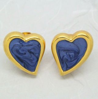 Stylish Vintage Gold Plated Blue Enamel Heart Shape Clip - On Earrings Jewellery