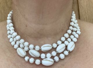 Necklace Vintage White Milk Glass Bead 3 Strand Box Clasp Choker Collar 60s 50s