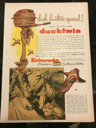 1956 Evinrude Ducktwin Vintage Print Ad - Duck Hunter 