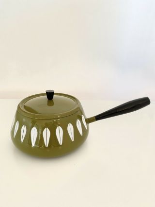 Vintage Mid Century Modrn Cathrineholm Avocado Green Lotus Enamelware Fondue Pot
