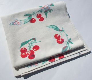 Vintage 1940s 50s Cherries Print Cotton Tablecloth 35 " X 31 "