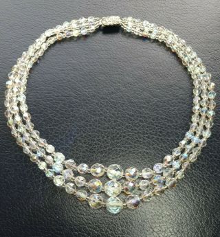 Vintage 1950s Triple Strand Ab Glass Bead Necklace