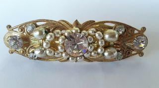 Vintage Signed Miriam Haskell Rhinestone Pearl Hair Clip Gold Barrette Pin
