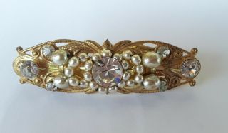 Vintage Signed Miriam Haskell Rhinestone Pearl Hair Clip Gold Barrette Pin 2