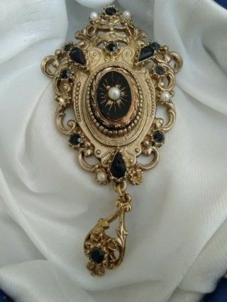 Vintage Baroque Style Faux Pearl Jet Glass Dropper Brooch Pin In Need Of Repair