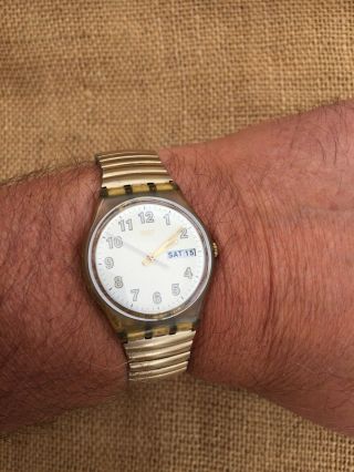 Vintage Swatch Watch With Stretch Strap With Date & Day Function Ag 1996