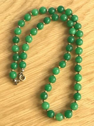 Vintage Art Deco Green Peking Glass With Gold Bead Detail Necklace 24cm Length