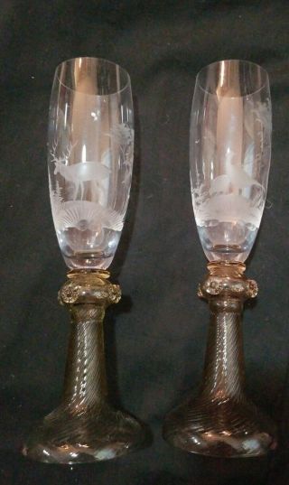 Vintage Theresienthal Crystal Champagne Glasses W/etched Pheasant & Stag