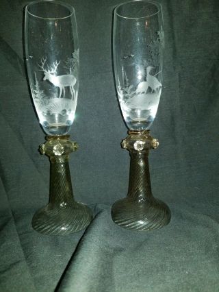 VINTAGE THERESIENTHAL CRYSTAL CHAMPAGNE GLASSES W/ETCHED PHEASANT & STAG 3