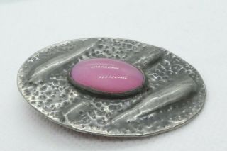 Large Vintage Arts & Crafts Pewter Brooch - Ruskin Style Pink Glass Stone