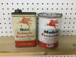 Vintage Mobil Freezone Anti - Freeze One Quart Can,  Mobil Brake Fluid Can Pegasus