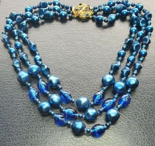 Vintage 1950s Triple Strand Blue Foil Glass Bead And Faux Pearl Necklace