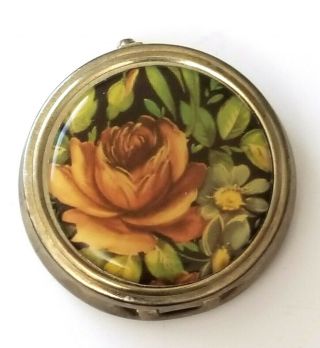 Vtg Round Floral Trinket Pill Box Case Brass Gold Tone Hinge Lid Flowers Retro