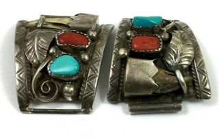 Large Vintage Navajo Sterling Silver Turquoise And Red Coral Watch Tips