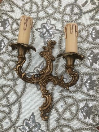 Vintage French Authentic Brass Wall Double Candle Electric Lights Sconce