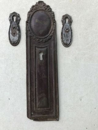 Vintage Edwardian Finger Door Push Plate Furniture Metal 11 " X 3” & 2 Key Covers