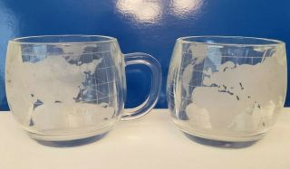 4 Vintage Nestle Nescafe Etched Clear Glass World Globe Coffee Mugs/ Cups.