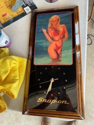 Vintage Snap On Tools Blonde Girl In Red Bikini,  Wooden Wall Clock 23 " X 11 "