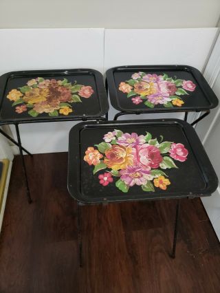 Vintage Mid Century Modern Dinner Tv Trays Stand Set 3 Black With Flowers
