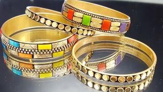Vintage Indian Brass Bovine Inlay Bracelets Bangle Set Of Four.