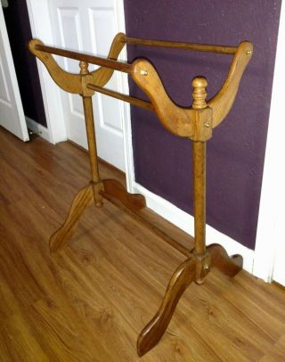 Vintage Triple Rod Oak Wood Quilt Rack Stand