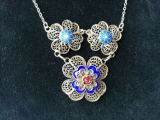 Vintage Jewellery Filigree,  Blue And Red Enamel Necklace.  16 Inches