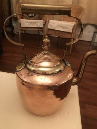 Antique Large Copper Kettle With Brass Handle/lid/used Vintage/retro