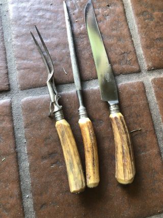 Vintage Deer Antler Handles Meat Slicing Set Knife Carving Fork Sharpener