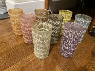 8 Vintage Color Craft Shat - R - Pruf Spaghetti String Rubber Glass Tumblers 12 Oz.