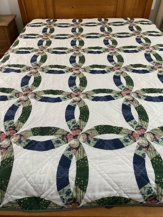 Vintage Double Wedding Ring Cheater Quilt 87 " X 86 " Queen 407