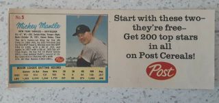 Vintage Mickey Mantle - Roger Maris Post Cereal Baseball Card