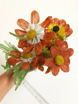 6 Large Vintage French Glass Beaded Orange & Yellow Flowers 11 " - 14 " Stems