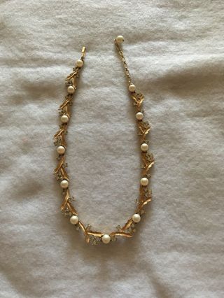 Vintage Signed Trifari Faux Pearl And Rhinestone Leaf Necklace Stunning