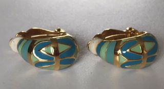 Gorgeous Vintage Joan Rivers Enamel Green Blue Gold Clip - On Earrings