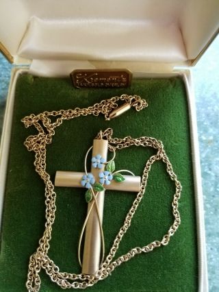 Vintage Krementz 14 Kt Gold Overlay Cross With Forget Me Nots In Case