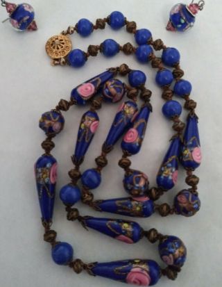 Vintage Venetian Art Glass Wedding Cake Bead Necklace And Earrings Set