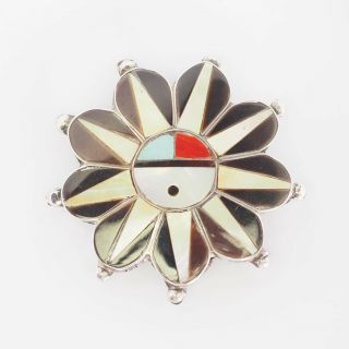 Vintage Sterling Silver Inlaid Gemstones Zuni Sun Symbol Pin Or Pendant