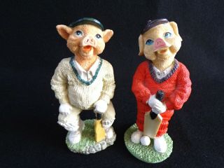 Vintage Set Of 2 Pig Cricketer Batsman Figurines Cricket Birthday Gift