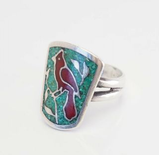 Vintage Sterling Silver And Inlaid Gemstones Cardinal Bird Open Ring Sz 7