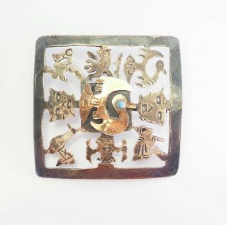 Peru Vintage Sterling Silver 18k Gold Bird Tribal Square Pin Or Pendant