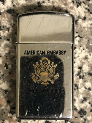 Rare Vtg 1981 Slim Zippo Lighter Us American Embassy Cold War Moscow Ussr Russia