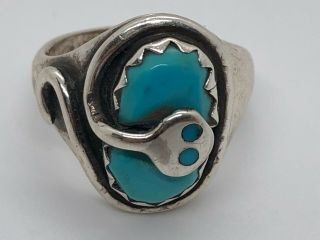 Vintage Zuni Effie Calavaza Sterling Silver & Turquoise Snake Ring Size 9 1/2