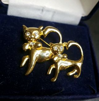 Vintage Cat Kitten Animal Gold Tone Brooch Costume Jewellery Pretty Paste
