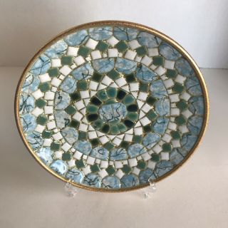 Vintage By Helen Berman 1970 Mosaic Tile Plate Greens Blues White Gold