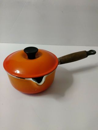 Vintage Le Creuset Flame Orange Wood Handle Sz 14 Cast Iron Saucepan And Lid