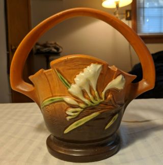 Vintage Roseville Pottery Freesia Tangerine & Brown Handle Basket