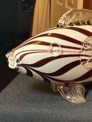 Vintage Large 17” Hand Blown Murano Style Art Studio Red White Big Glass Fish