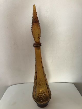 Vintage Amber Italian Glass Empoli Genie Bottle Decanter Fruits 22”