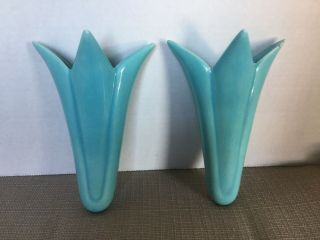 Vtg Wall Pockets Teal Tulip Shaped ? Marked One Has Been Repaired
